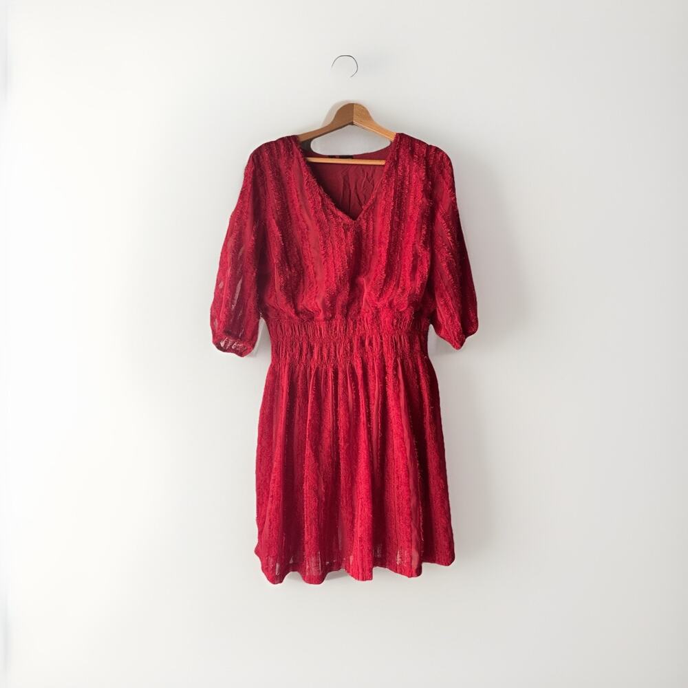 BODYFLIRT Red Textured Chiffon Mini Dress Women 18 EU44 Smocked Waist Party